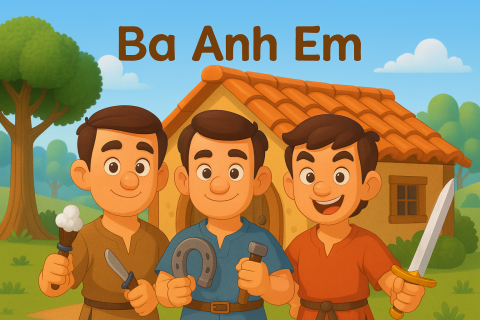 Ba anh em trong truyện cổ tích Việt Nam – minh họa 3D dễ thương, mỗi người cầm một vật tượng trưng cho nghề nghiệp: thợ cạo, thợ rèn và kiếm sĩ, đứng trước ngôi nhà nhỏ giữa thiên nhiên xanh mát.