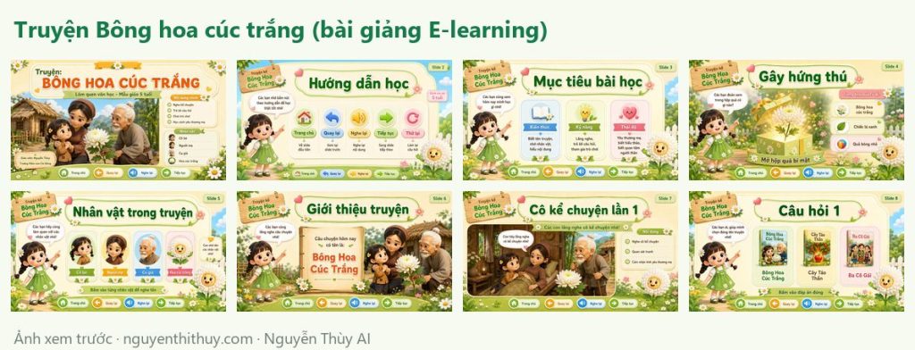 Ảnh xem trước: Bài giảng E-learning “Bông hoa cúc trắng” – 26 trang tương tác