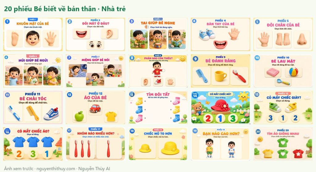 Ảnh xem trước: Bộ 20 phiếu tương tác “Bé biết về bản thân” – Nhà trẻ 24–36 tháng