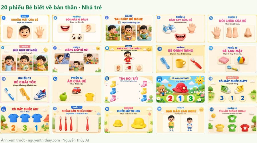 Ảnh xem trước: Bộ 20 phiếu tương tác “Bé biết về bản thân” – Nhà trẻ 24–36 tháng