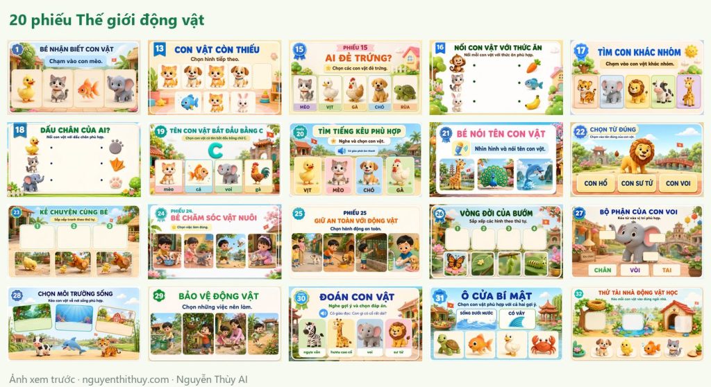 Ảnh xem trước: Bộ 20 phiếu tương tác “Thế giới động vật” – Mẫu giáo 4–6 tuổi