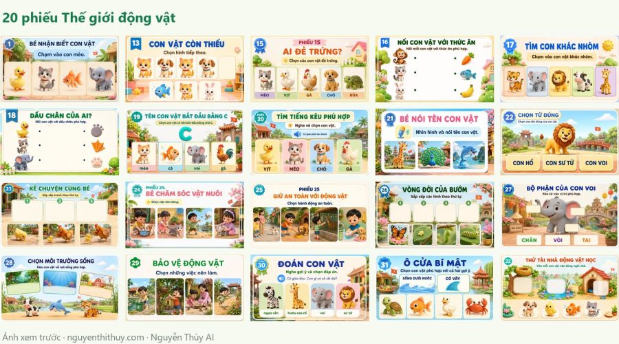 Ảnh xem trước: Bộ 20 phiếu tương tác “Thế giới động vật” – Mẫu giáo 4–6 tuổi