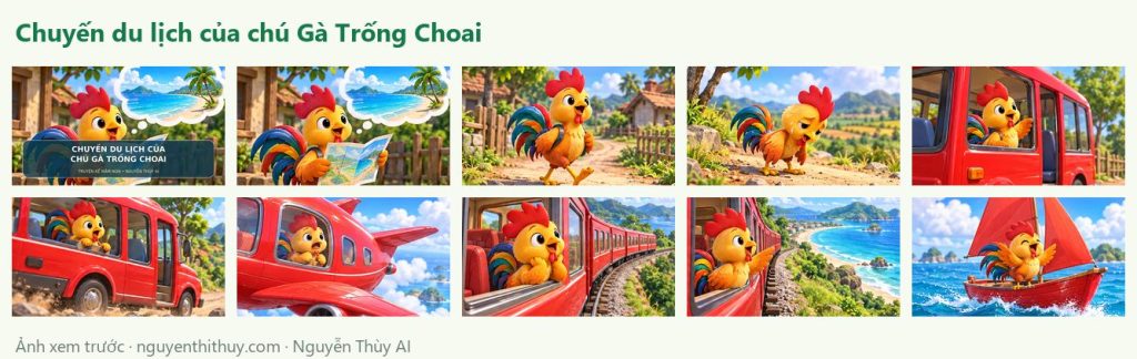 Ảnh xem trước: Truyện tranh 3D “Chuyến du lịch của chú Gà Trống Choai” – bìa và 9 cảnh